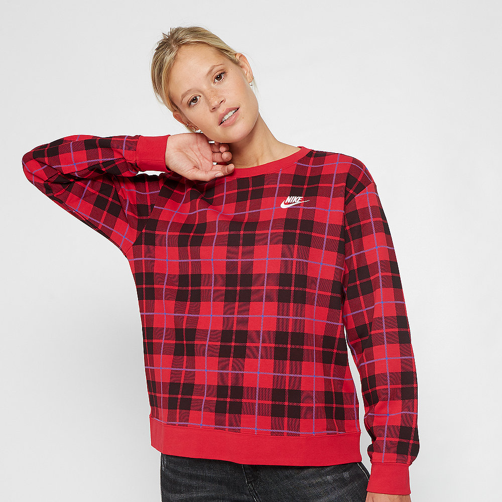 NIKE W NSW CREW FLC AOP PLAID university red/university red/white